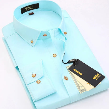 2026 Spring/Autumn New Men's Luxury Brass Button Long Sleeve Business Casual Shirt Ironing Resistant Office Work Shirts as Gift