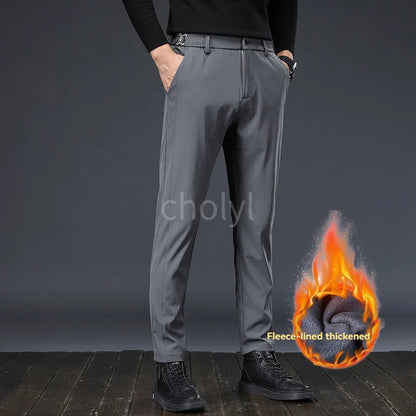 Winter Fleece Golf Casual Pants Men Business Slim Stretch Jogger Thick Trousers Korean Classic Elastic Waist Velvet Male Pants