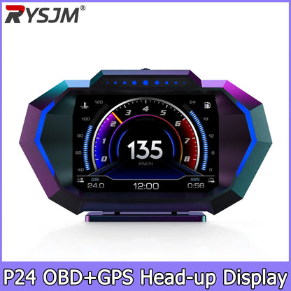 Digital Speedometer Slope Meter HUD P24 OBD2+GPS Head Up Display On Board Computer Multi-Function  Fuel Level Oil Press Consump