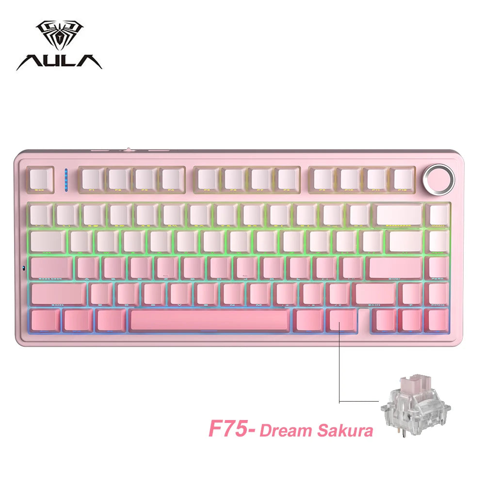 AULA Mechanical Keyboard F75 Three Modes Gaming Mechanical Keyboard Multi-function Knob Can Switch Between Game/Office Modes