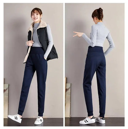 plus Size Fleece Lined Thickened Lamb Velvet Casual Slim Fit Pants Winter New Loose Warm Slimming Straight Leg Sweatpants