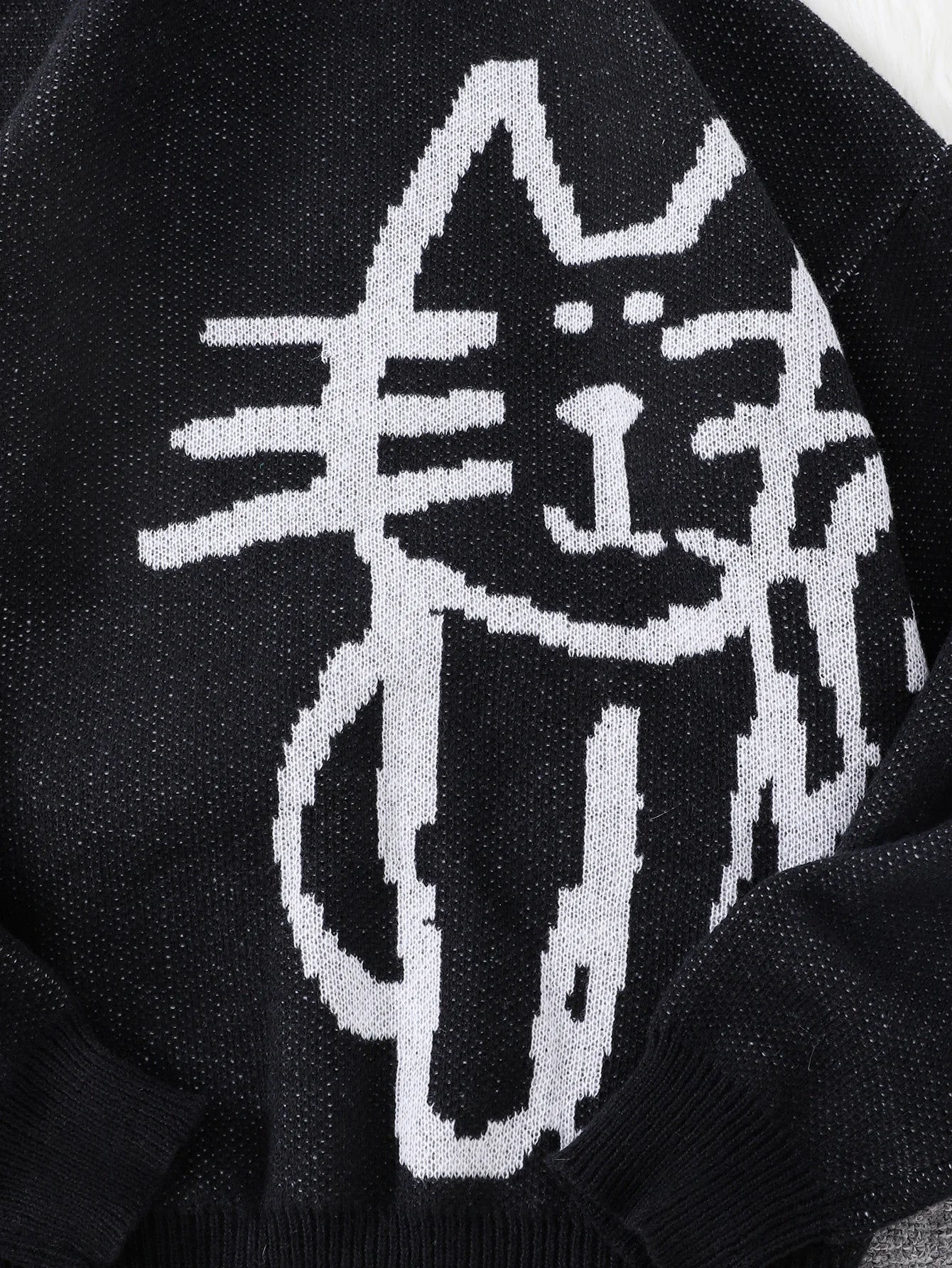 Autumn and Winter Abstract Kitten Jacquard Pattern Pullover Sweater Casual Round Neck Knitted Men's Pullover