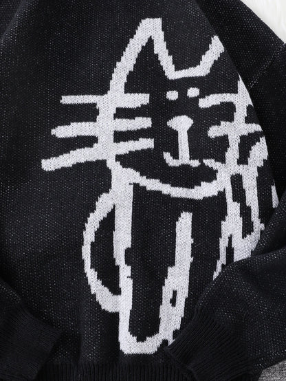 Autumn and Winter Abstract Kitten Jacquard Pattern Pullover Sweater Casual Round Neck Knitted Men's Pullover