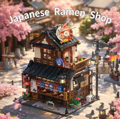 1670PCS Japanese Ramen Restaurant with Lights Building Blocks Set, City Street Scene Architectural Model Ornament, Birthday Gift