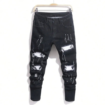 Men's Ripped Denim Jeans for Man High Stretch Skinny Biker Pants Casual Slim Fit Trousers with Patchwork Embroidery Streetwear