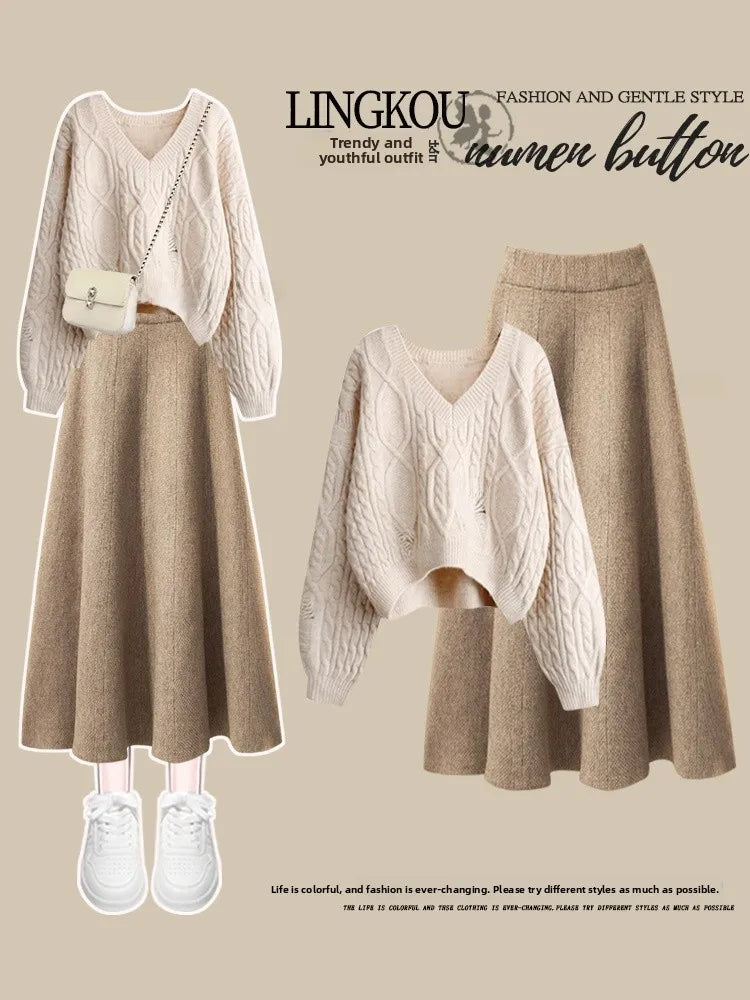 plus Size Women's Simple Knitted Sweater And  Skirt Two-Piece Set Korean Style Slimming Meat Covering Fashionable Ensemble