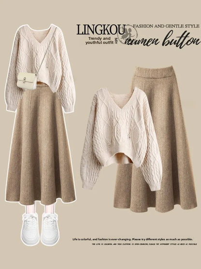 plus Size Women's Simple Knitted Sweater And  Skirt Two-Piece Set Korean Style Slimming Meat Covering Fashionable Ensemble
