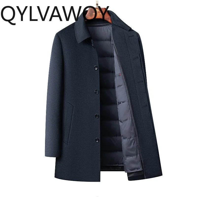 QYLVAWOY Men's Wool and Trench Coats Man Jacket Cashmere Mid-length Jackets Lapel Detachable Down Liner Man Clothes High-quality