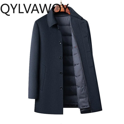QYLVAWOY Men's Wool and Trench Coats Man Jacket Cashmere Mid-length Jackets Lapel Detachable Down Liner Man Clothes High-quality
