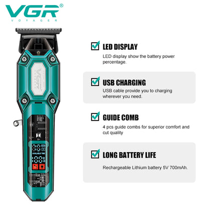 VGR V-600/V-900 Electric Hair Clipper Transparent Body Hair Trimmer LED Intelligent Digital Carving Electric Thruster Care Set