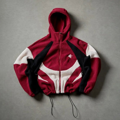 American Style Patchwork Polar Fleece Hooded Jacket Men Autumn Winter Warm Oversized Coat High Street Hip Hop Streetwear Man