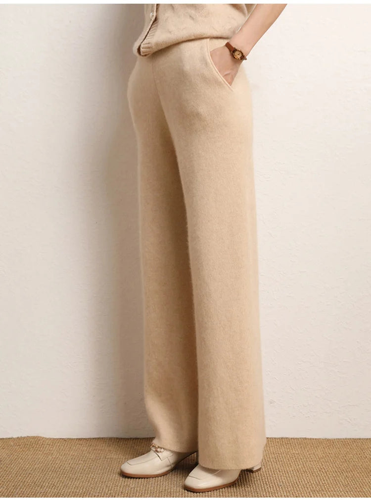 Women's 100% Cashmere Wide Leg Pants Knitted Thick Autumn/Winter Casual Solid Color Elastic Waistband Pockets