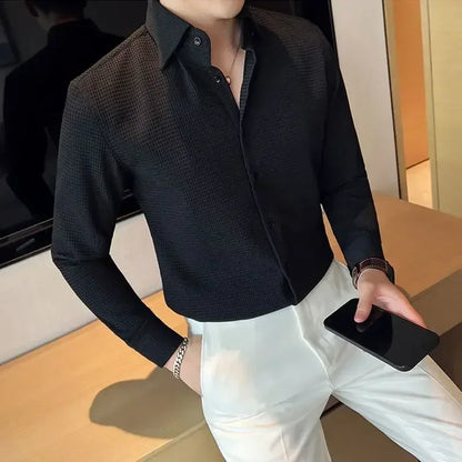 Male Shirts Green Plain Men's Shirt Business Waffle Designer Fashion 2025 Hipster Regular Elegant Slim Fit Cheap Brand Social I