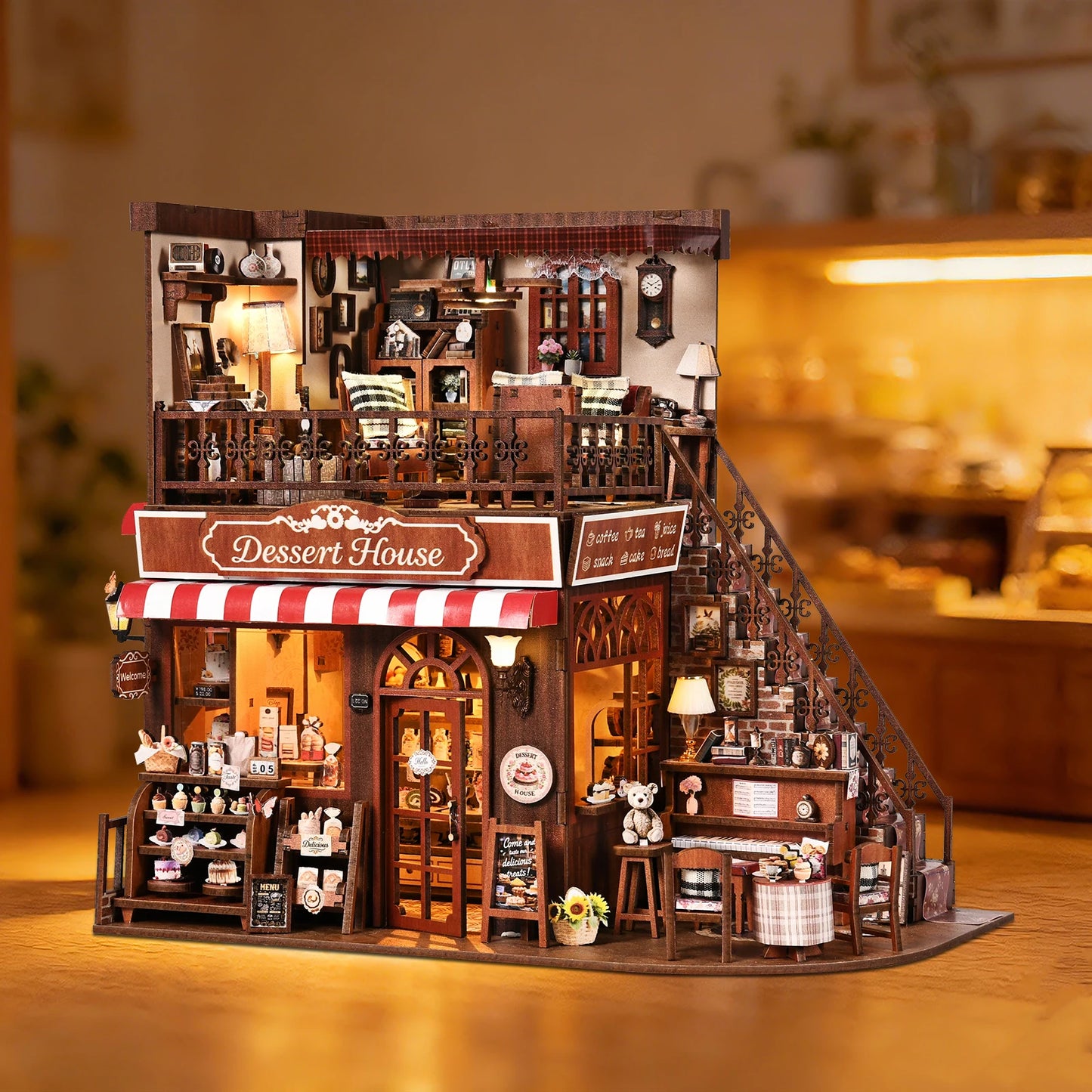DIY Book Nook Kit Cake Shop Wooden  Bookshop Dollhouse with Light Loveliness Bookshelf Insert 3D Puzzle Decor for Gift