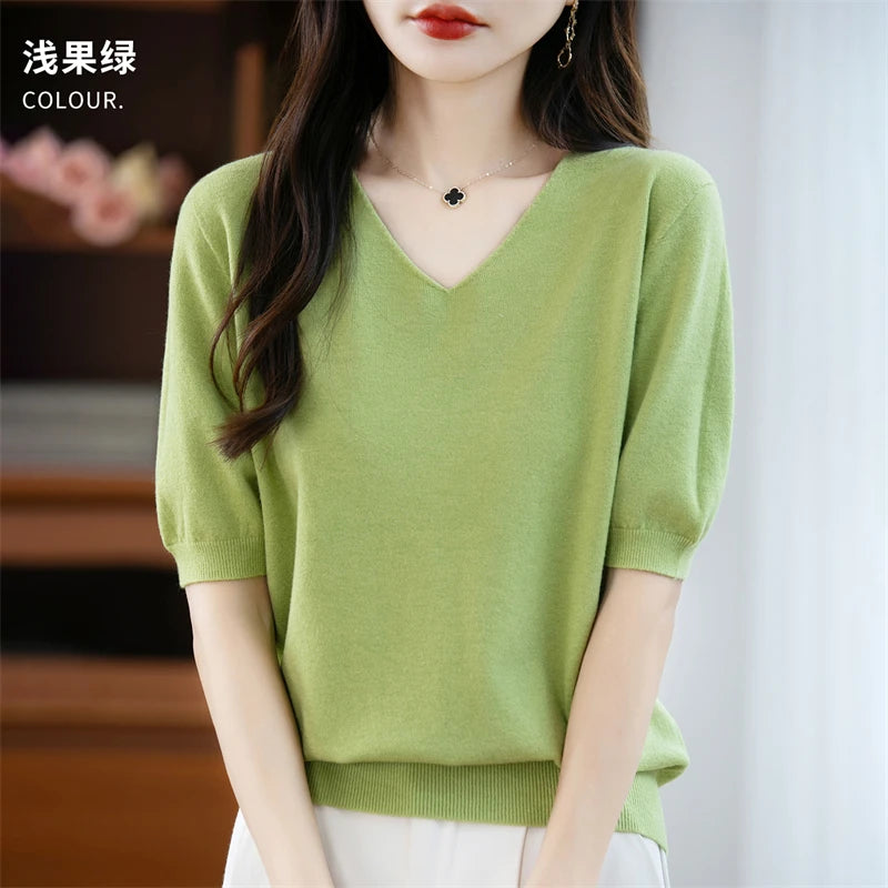 Thin Worsted Wool Short-Sleeved Women's Loose Round Neck T-shirt Printed Summer Fashion Knitted Bottoming Shirt Half-Sleeved