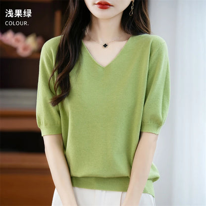 Thin Worsted Wool Short-Sleeved Women's Loose Round Neck T-shirt Printed Summer Fashion Knitted Bottoming Shirt Half-Sleeved
