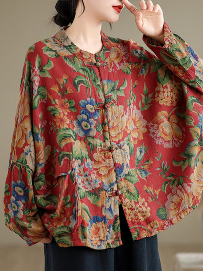 Large Size Spring Cotton Linen Print Button up irt Chinese Sle Tea Costume Retro Chinese Sle Outerwear Women's irt