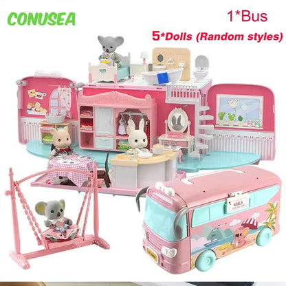 Dollhouse Koala Diary Girl Play House Toy Diy Tour Bus Bedroom Dresser Dining Kitchen Bathroom Shop Pretend Family Toys Girls