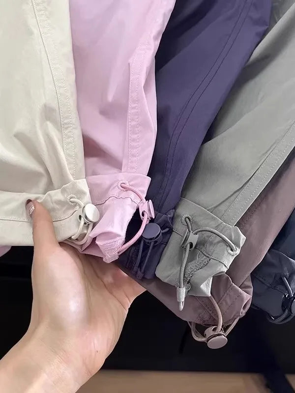 Lightweight Breathable Quick-Dry Paratrooper Pants Women's Casual Loose Fit Sunscreen Waist Cord Trousers Korean Style High W...