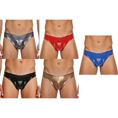Men Wet Look PU Micro Briefs Low Rise Bugle Pouch Underwear Leather Underpants Beach Mini Bikini Bathing Suit Nightwear Clubwear