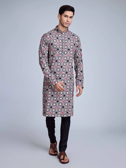 Luxury Islamic Arabic Abaya Robe National Style Ethnic Print Stand Collar Youth Mid-length Ropa Arabe Hombre Kurta For Men