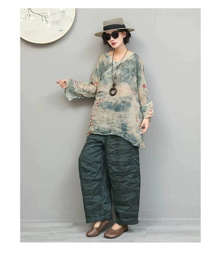 Artistic Ramie Suit Women Summer Printed Lightweight V-neck Mid-length Top + Loose Pants Two-piece Set XY307