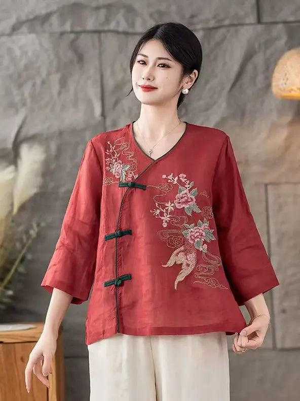New 2025 Women's Linen Shirt V-Neck Side Button Chinese Style Loose Top National Style Floral Embroidery Thin Summer Fashion