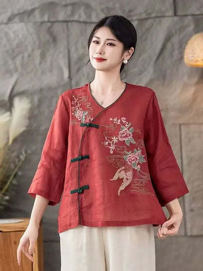 New 2025 Women's Linen Shirt V-Neck Side Button Chinese Style Loose Top National Style Floral Embroidery Thin Summer Fashion