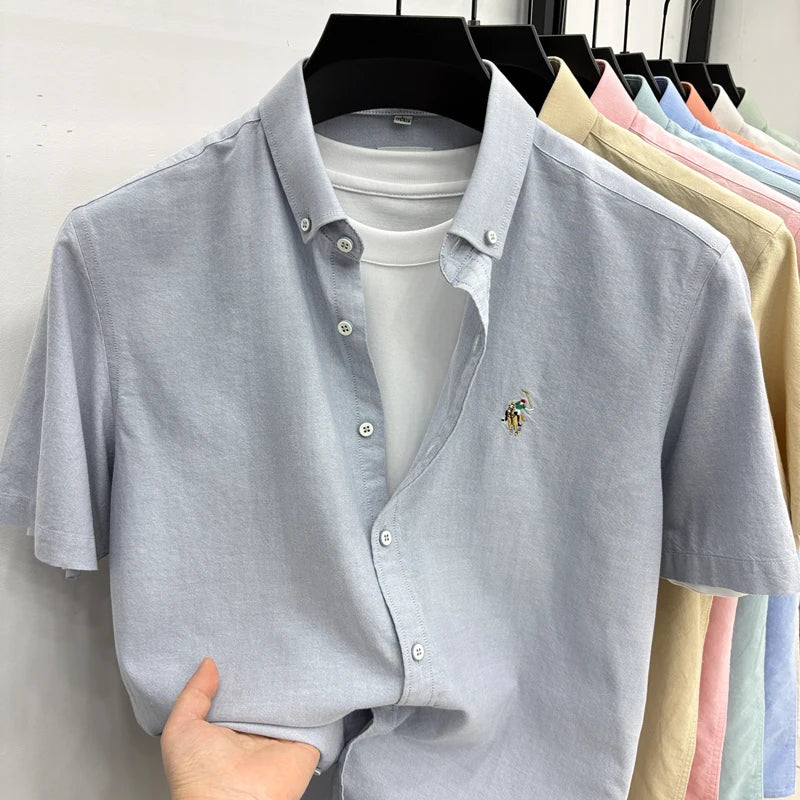 100% Pure Cotton Men's Short Sleeved 2026 New Brand Embroidered Trendy Shirt for Men's Casual Summer Wear