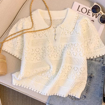 2024 New Hollow out Knitted Short Sleeve  Neck T-Shirt Women Summer Sweet And Spicy  Top Short Length Breathable