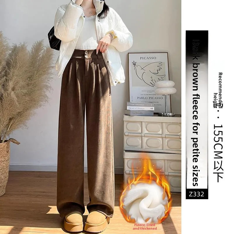 White Corduroy Wide Leg Pants Women's Autumn Winter Slim Straight Drapey Small Size Fleece Lined Suit Trousers