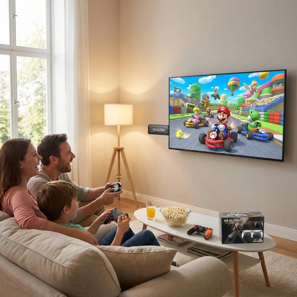 The X8 ULTRA retro video game console comes pre-installed with 50,000 games and plug-and-play PS1/N64/PSP emulators.