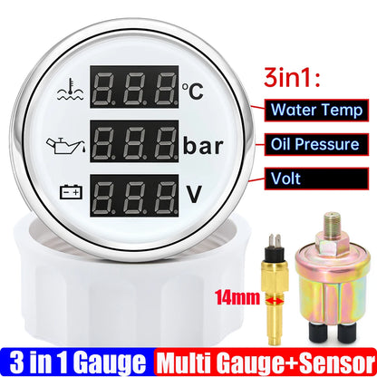 3 In 1 Digital 52mm Gauge with Alarm 0~120℃ Water Temperature Gauge+Oil Pressure+Voltage with Oil Press/Water Temp Sensor Custom