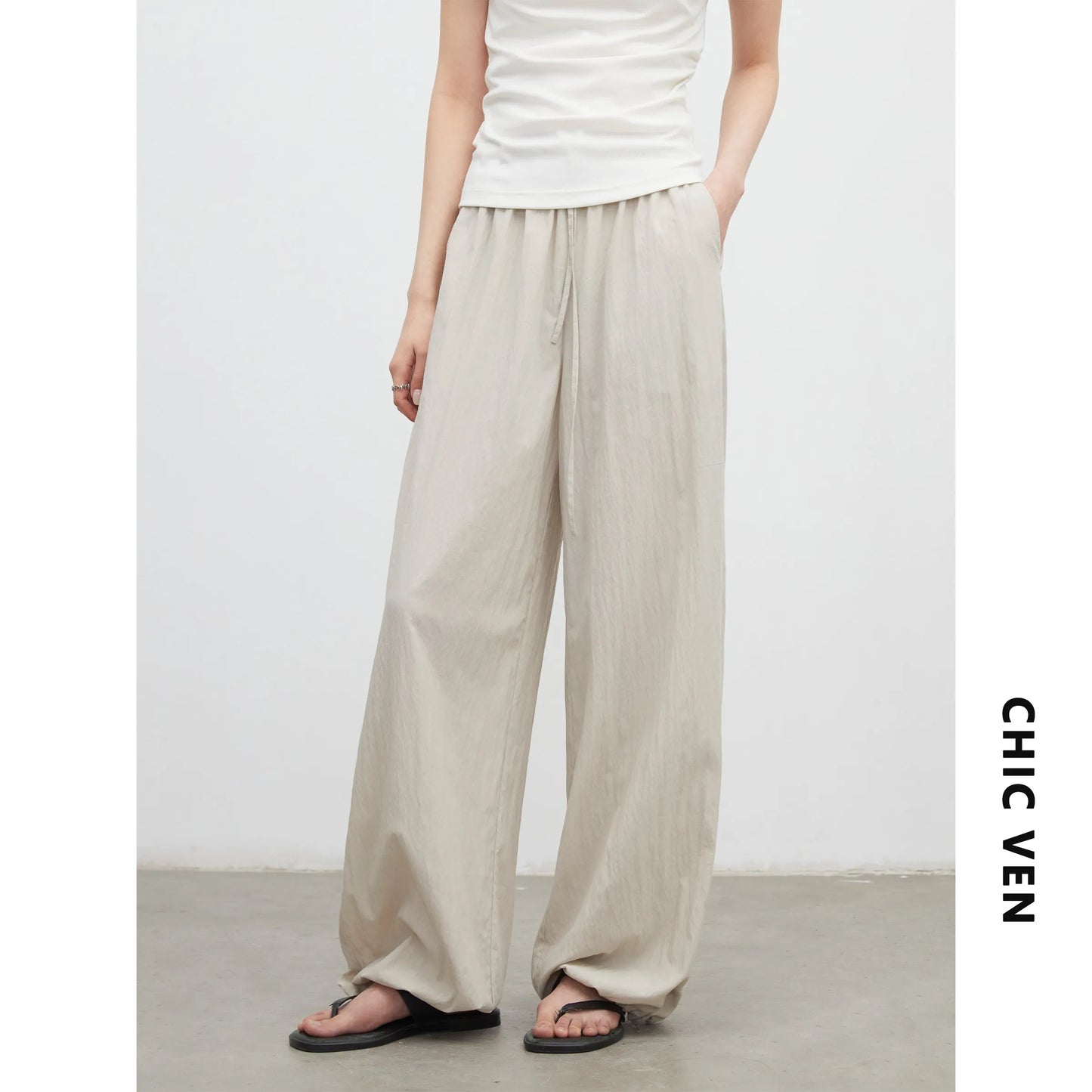 CHIC VEN New Women Pants Solid Loose Casual Wide Leg Pant  Elastic Waist Female Thin Trousers Pleated Spring Summer 2026