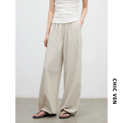 CHIC VEN New Women Pants Solid Loose Casual Wide Leg Pant  Elastic Waist Female Thin Trousers Pleated Spring Summer 2026