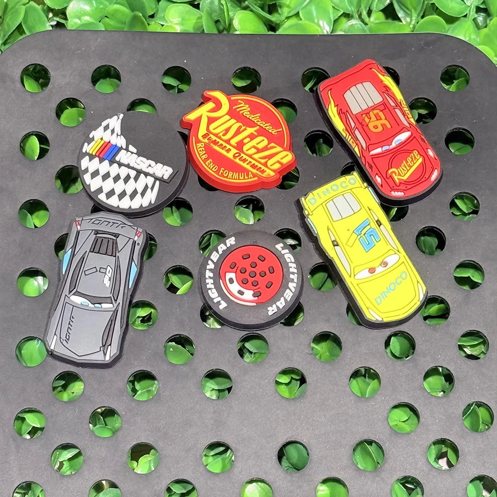 MIX 6pcs Motorsport Inspired Fall F/W PVC Shoes Charms Miniso Cars Slippers Buckle Decorations Fit Boys Birthday Xmas Gifts