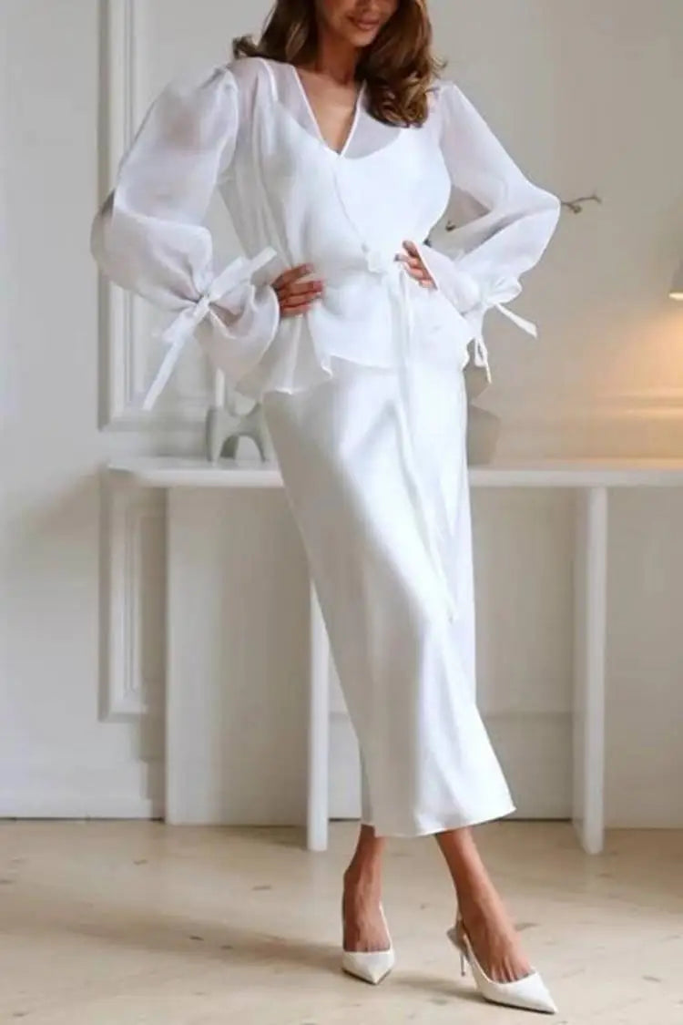 Elegant Shirt Style Satin Dress Women's High Waist Belted Long Sleeve Fashion Set High Quality Chinese Brand Summer Outfit