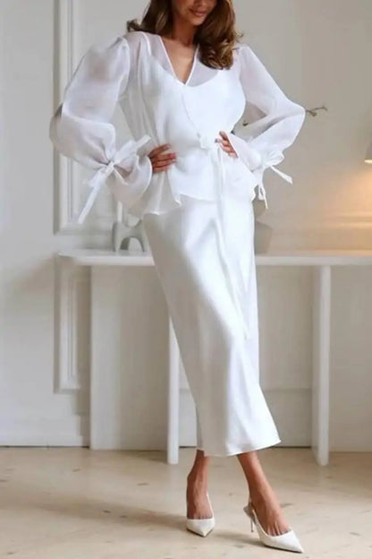 Elegant Shirt Style Satin Dress Women's High Waist Belted Long Sleeve Fashion Set High Quality Chinese Brand Summer Outfit