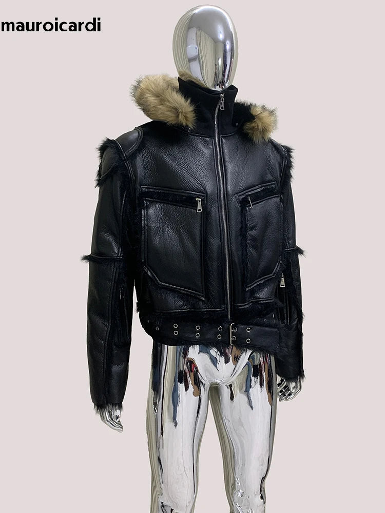 Mauroicardi Winter Cool Short Black Thickened Warm Hairy Soft Faux Sheepskin Coat with Hood Zipper Long Sleeve Fluffy Jacket
