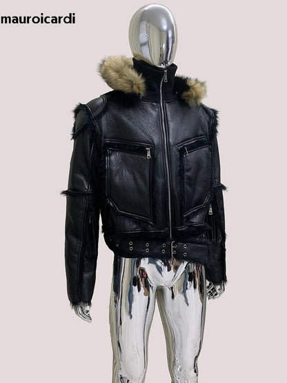 Mauroicardi Winter Cool Short Black Thickened Warm Hairy Soft Faux Sheepskin Coat with Hood Zipper Long Sleeve Fluffy Jacket