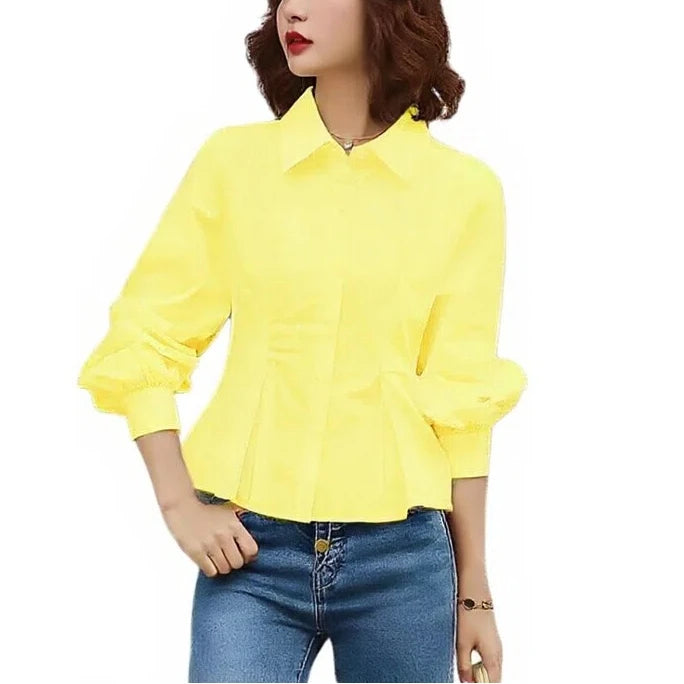 Fashion Simplicity Trend Temperament Spring New Women’s Slim Waist Button Shirt Long Sleeve Pure Color Chic Design Shir Tops