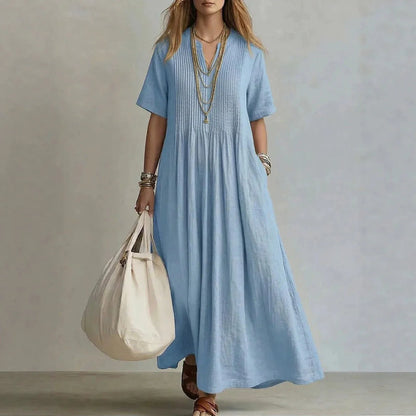 Casual Solid Color Linen Cotton Maxi Dress For Women Short Sleeve Loose Fit Long Dresses Relaxed Comfortable Summer Daily Wear