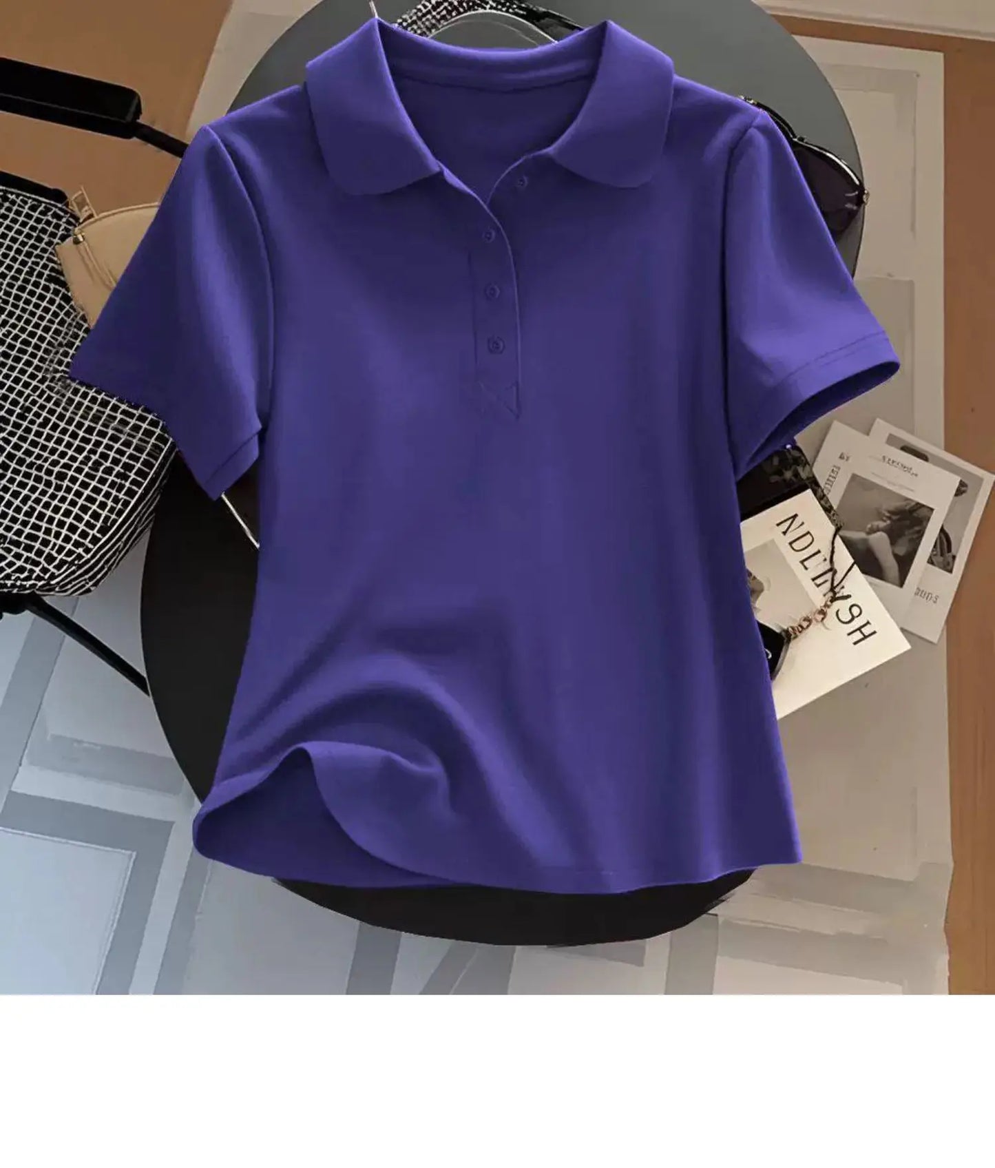 Loose Fit Women's  Neck Short Sleeve Cotton T-Shirt Casual Button up Top Korean Style Summer Fashion Ladies' Shirt