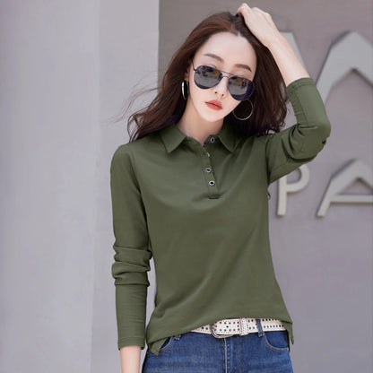 Autumn New In Basic T Shirt Long Sleeve Cotton Plus Size Cotton Polo T- Shirt Women Button Casual Office Lady Formal Women Tops