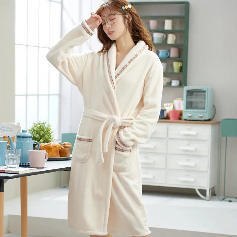 Thickened Flannel Sleepwear Coat for Men And Women Warm Winter Coral Velvet Robe Couple Home Clothes Mid-Length Bath Robe