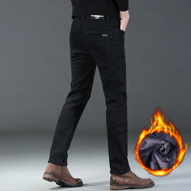 2025 Winter New Style Men's Black Straight Thick Jeans Fashionable Business Velvet Warm Denim Pants Fleece Hot Casual Pants