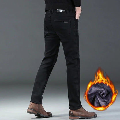 2025 Winter New Style Men's Black Straight Thick Jeans Fashionable Business Velvet Warm Denim Pants Fleece Hot Casual Pants