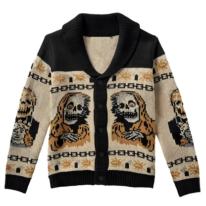 Autumn Winter y2k Portrait Print Harajuku Men Sweater Fashion Men and Women Long Sleeves Warm Gothic Ghost Knitted cardigan Coat
