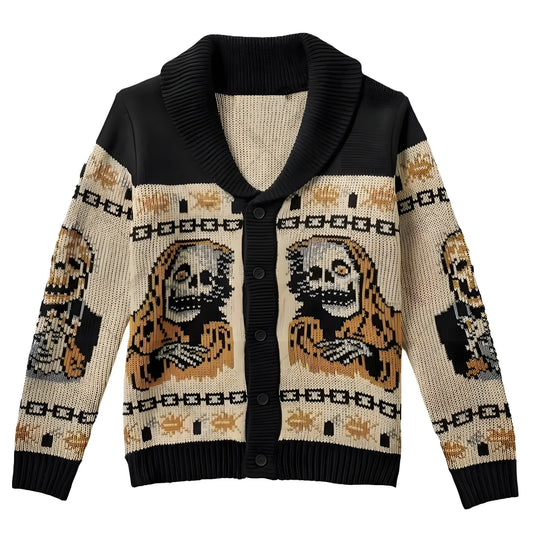 Autumn Winter y2k Portrait Print Harajuku Men Sweater Fashion Men and Women Long Sleeves Warm Gothic Ghost Knitted cardigan Coat