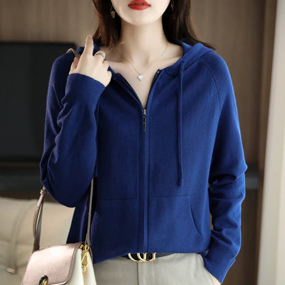 Explosions Women's Hooded Padded Long-Sleeved Sweater Cardigan Sweater Coat Beige Loose Zipper Coat Jacket